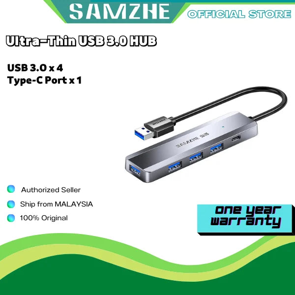SAMZHE Ultra-thin 4 Ports USB 3.0 HUB High Speed USB Hub Type-C Port Splitter Adapter for Laptop Pc Smart Phone