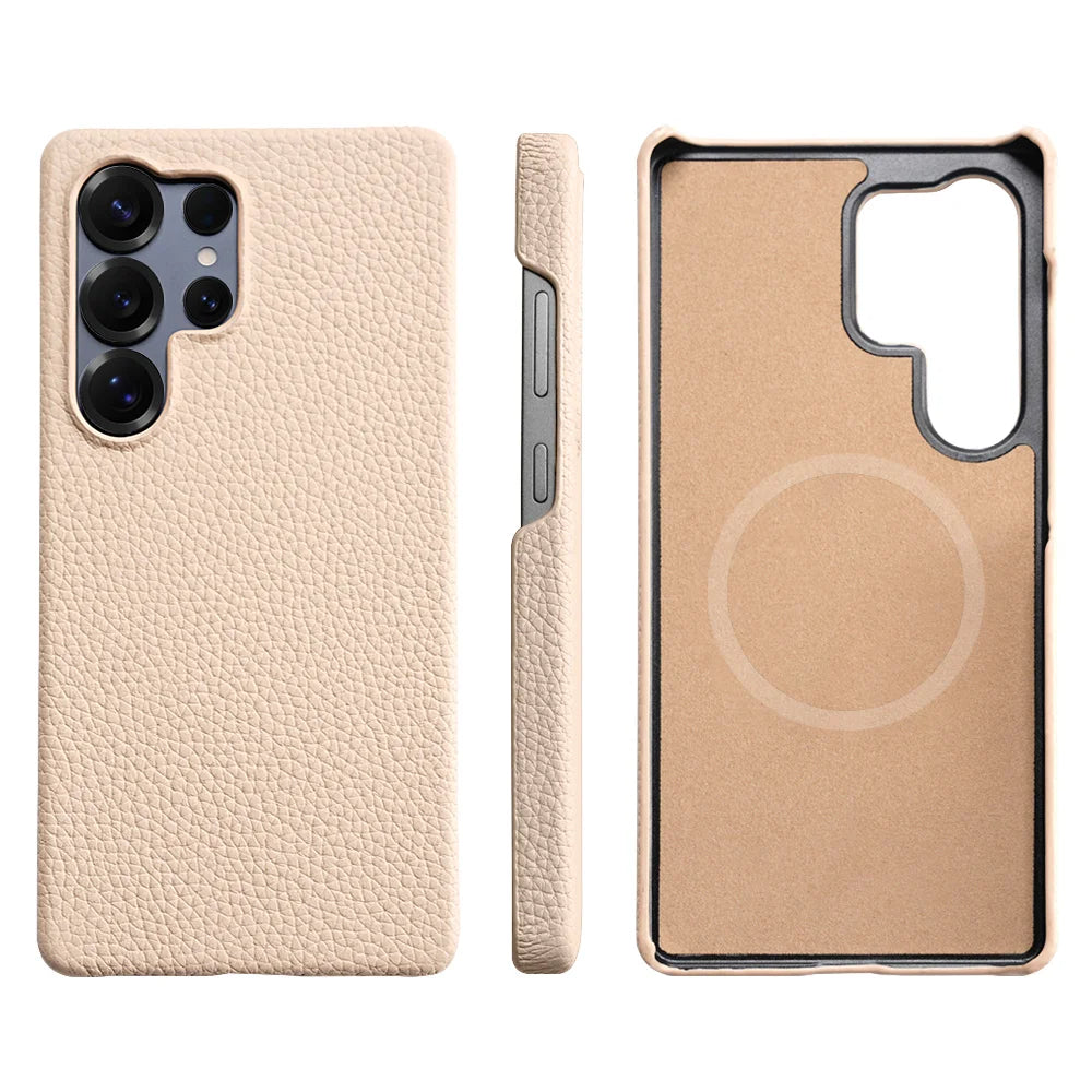 for Magsafe Case for Samsung Galaxy S26 S25 Ultra S24 Plus Natural Cowhide Lychee Leather Magnetic Protector Luxury Phone Cover