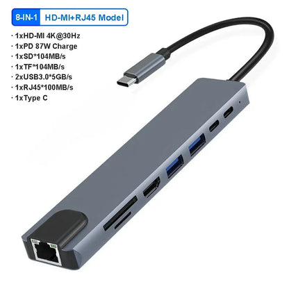 USB3.0 USB C Hub Type-C to 4K HDMI-compatible RJ45 PD Charge SD/TF Card Reader Type C To USB Adapter Dock For MacBook Air Pro PC