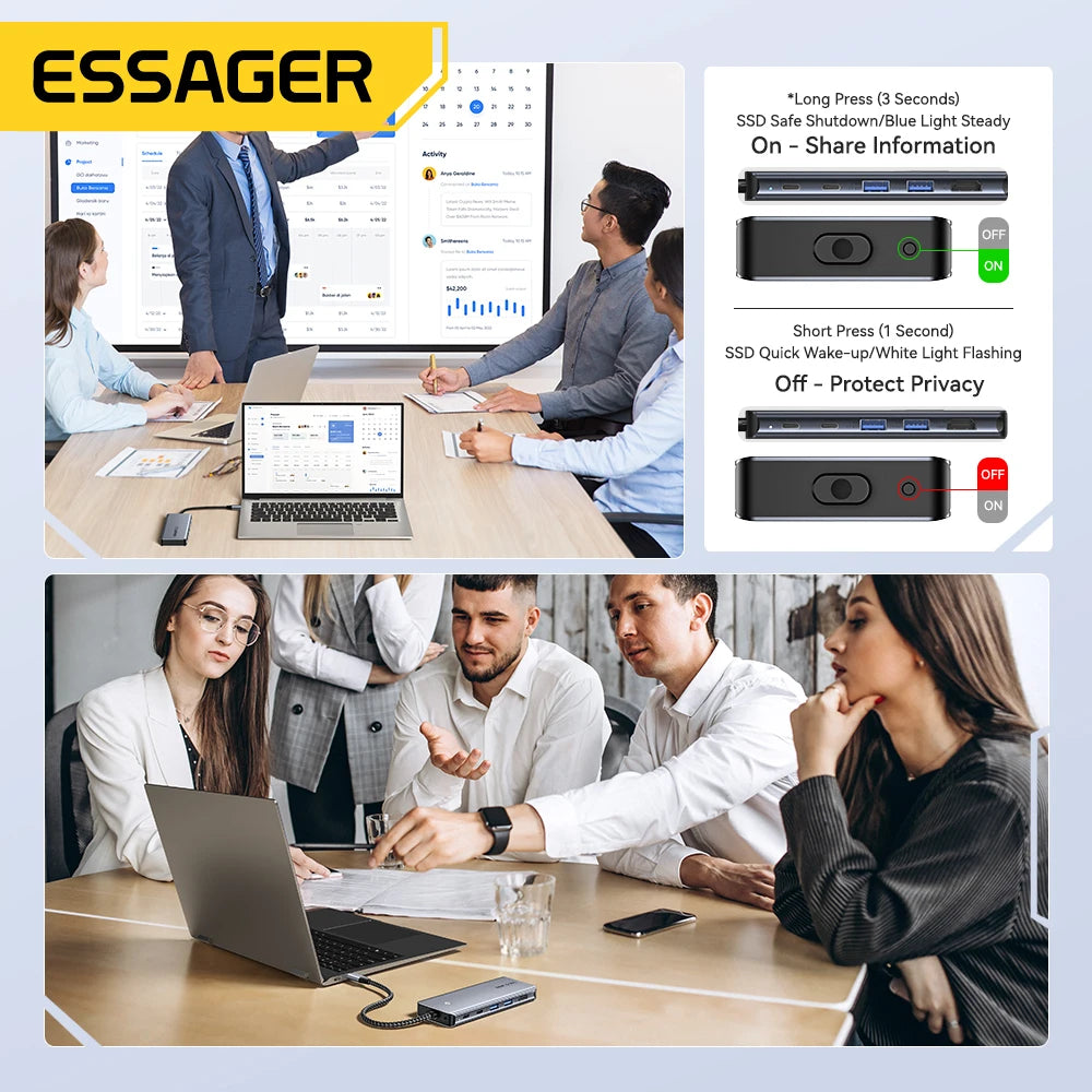 Essager USB C Hub With M.2 SSD Hard Disk Enclosure 6/7 in 1 PD100W USB3.2 10Gbps HDMI USB Type C Adapter for Macbook Pro Air PC