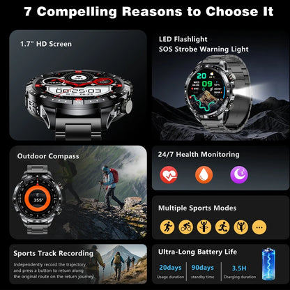 2026 New Military 1000mAh Battery Smart Watch 1.7-inch HD Large Screen LED Flashlight Sport Mode Bluetooth Call Smartwatch Men