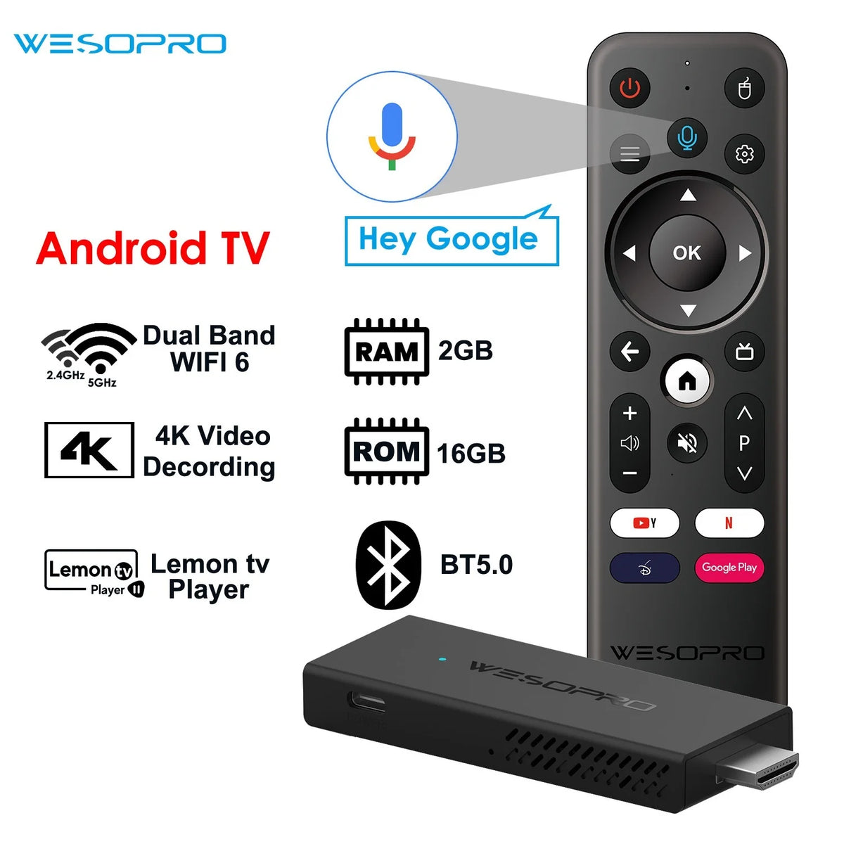 WESOPRO TV Stick G2 Android 12 Smart TV Dongle 2GB RAM 16GB ROM 2.4GHz 5.0GHz Wifi6 BT5.0 H.265 4K 30pfs Media Player