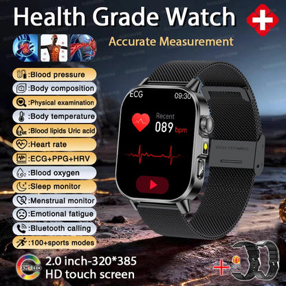 2026 Fit 3 New Health AI Nursing SmartWatch Men ECG+PPG Blood Lipid Uric Acid Health Analysis Clock Bluetooth Call Watch For IOS