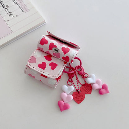 Y2K Sweet Girly Pink Gradient Love Heart Flip Faux Leather With Pendant Earphone Cover Case for AirPods 1 or 2 3 4 5 Pro 2 Pro 3