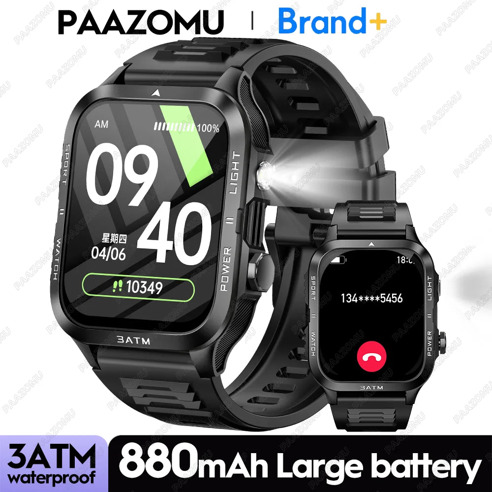 Smartwatch 3ATM Waterproof 1.96''HD Screen BT Call Health Monitor Flashlight 880MAH Battery Sports Smart Watch For Android iOS