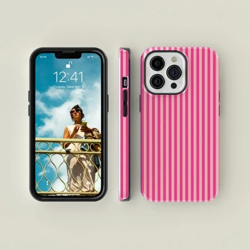 Luxury Striped Pink on Pink Phone Case for iPhone 16 15 14 13 12 11 Pro Max Plus Luxury Magnetic Double-layer Back Cover