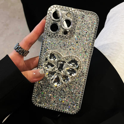 Luxury Rhinestone Heart Phone Case for iPhone 17 Air 16 15 14 13 12 Pro Max 11 with Strap Stand Flash Powder Dispensing Process