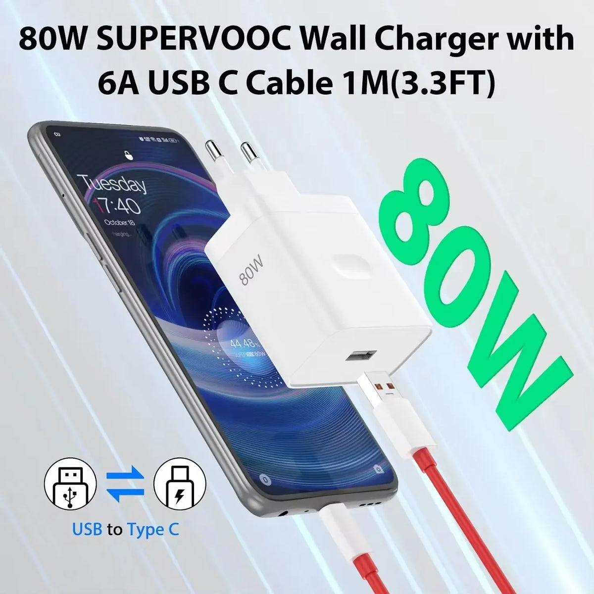OnePlus 80W SuperVOOC EU Fast Wall Charger for OnePlus 10 11 12 Nord CE 2 3 Lite OPPO realme 10 GT NEO 2 3 Type C USB Cable