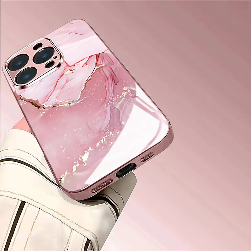 Pink Gold Foil Marble Pattern Tempered Glass Phone Case for iPhone 16 17 Pro Max 15 14 Plus 13 12 11 Pro Max 16E 17 Air Cover