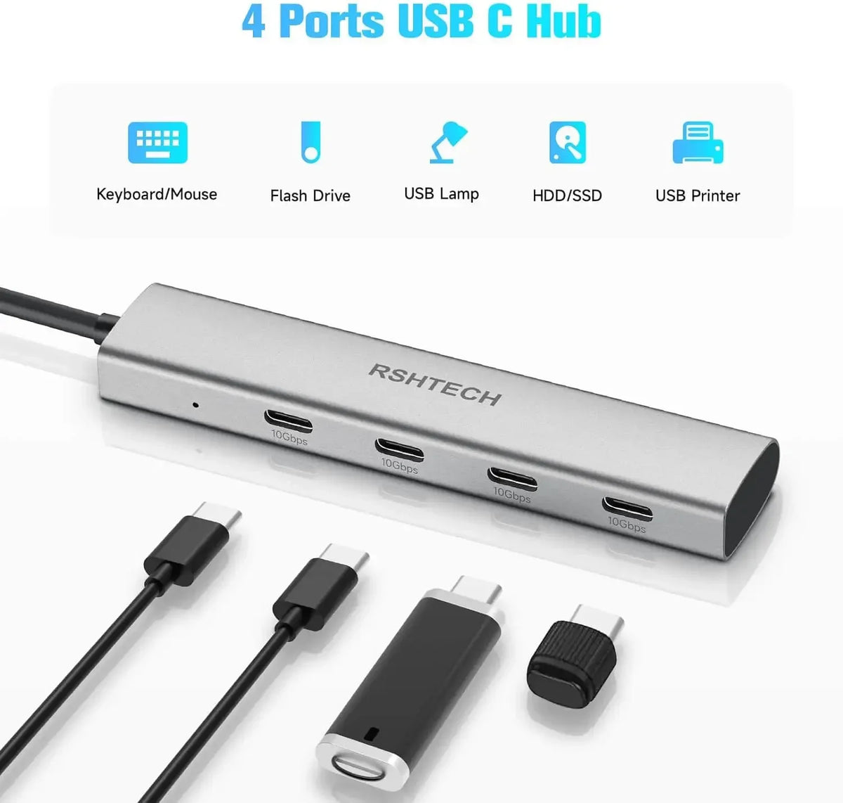 RSHTECH USB C Hub USB 3.2 Hub 10Gbps 4-Port USB-C Splitter Portable Aluminum USB Type C Adapter for MacBook Thunderbolt Laptop