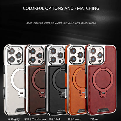 360 Rotating Bracket Luxury Magnetic Stand Ring Leather Case For iPhone 16 Pro Max 15 14 13 12 Magsafe Wireless Charging Cover