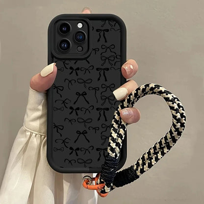 Cute Black Bow Pattern Hang Strap Phone Case For Samsung Galaxy Note 20 S24 S22 S23 S25 S26 Plus S24 FE S23 S24 S25 Ultra Cover