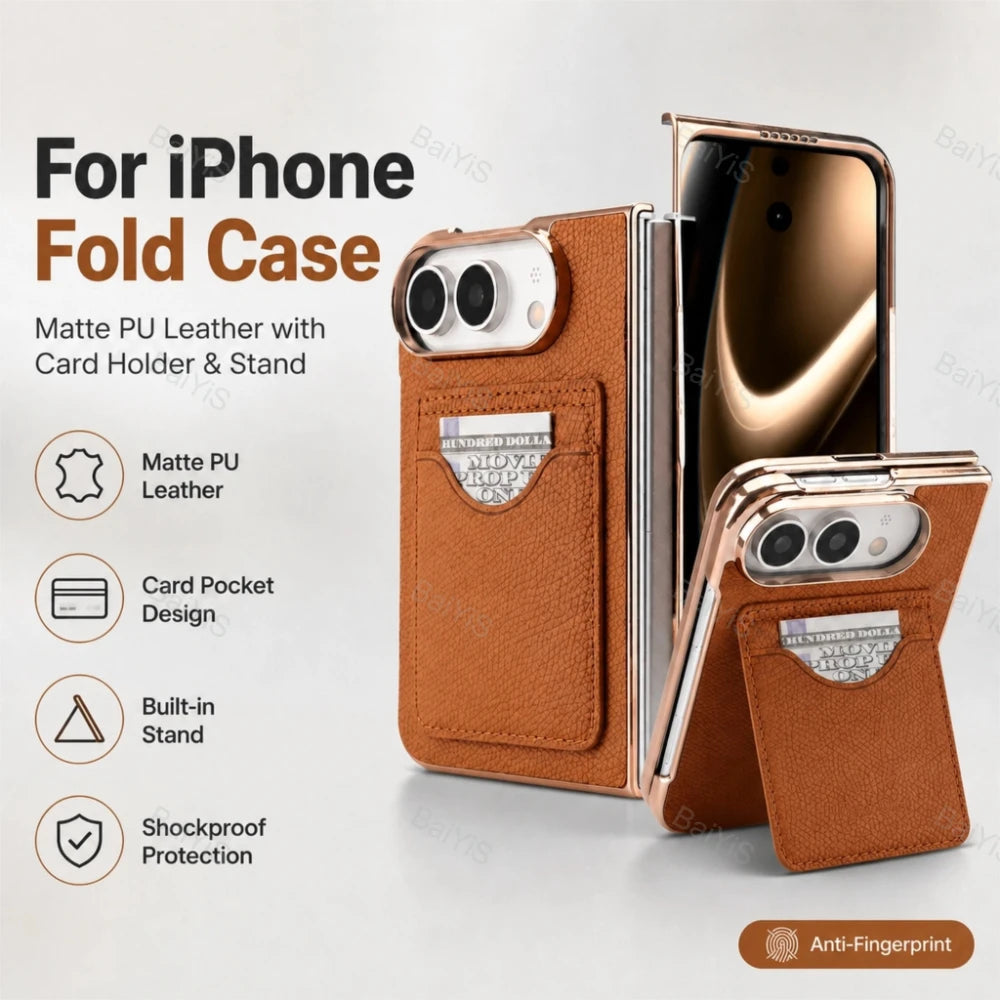 Matte PU Leather Card Phone Case For iPhone Duo 18 Fold Electroplated Frame Foldable Kickstand Drop Protection Cover