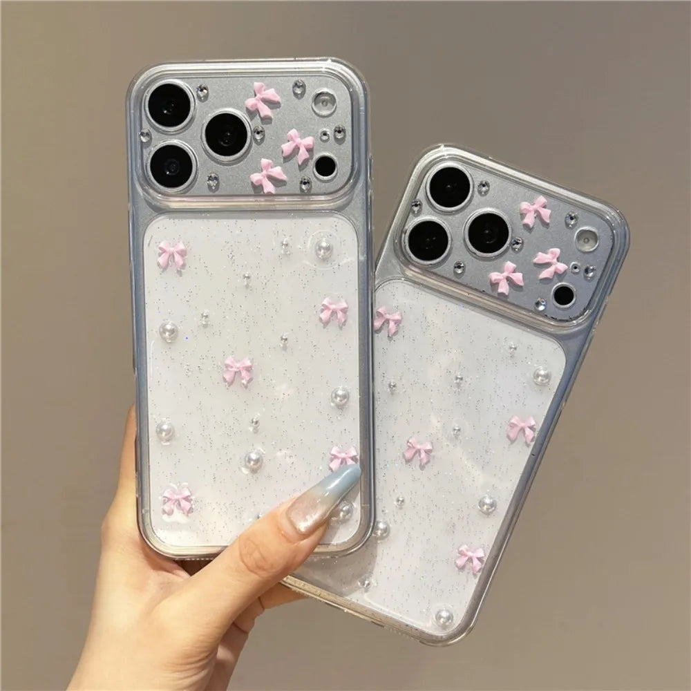 Cute 3D Pink Bowknot Pearl Glitter Clear Phone Case For iPhone 17 18 Pro Max 16 15 12 11 14 13 Lovely Shockroof TPU Soft Cover