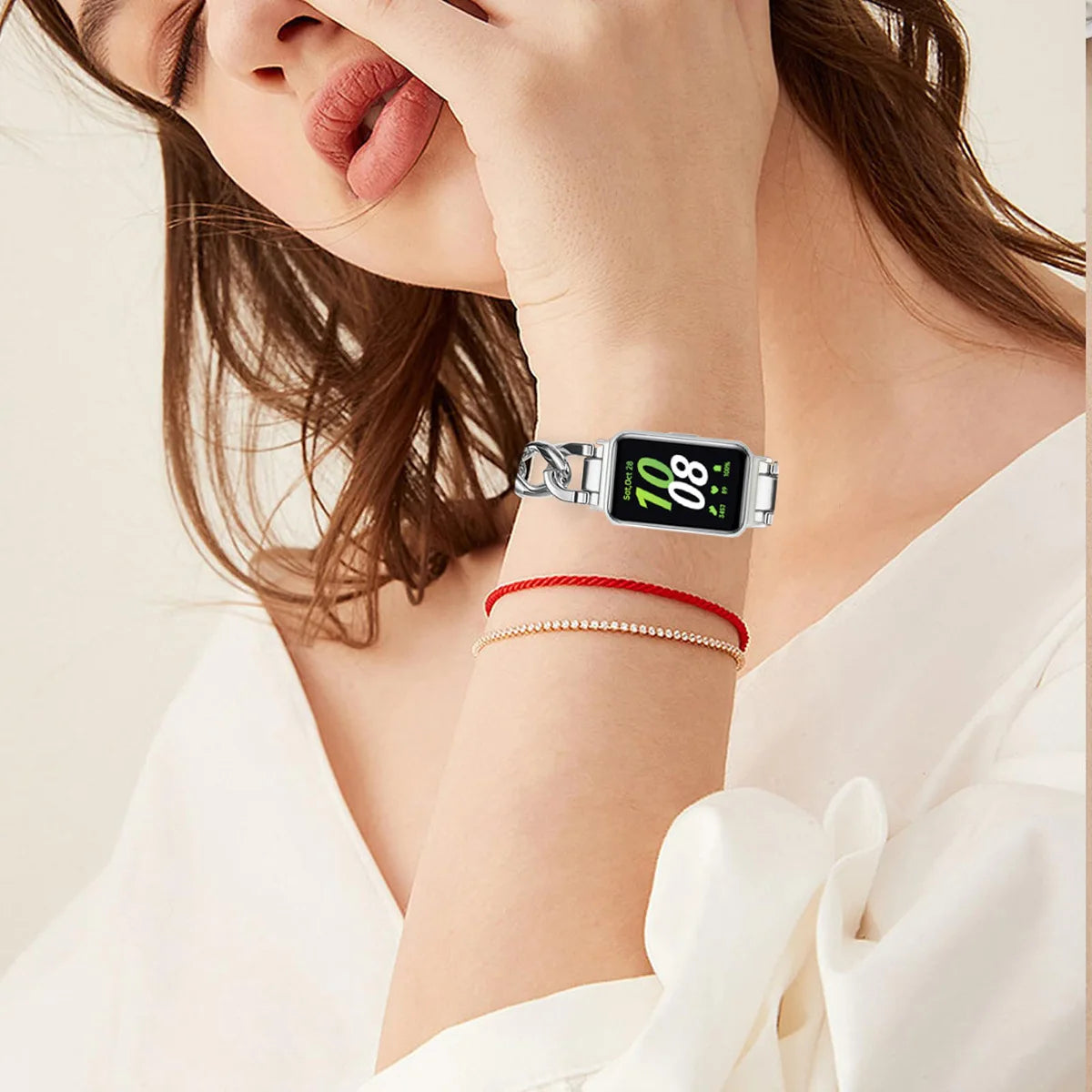 Thin Stainless Steel Strap for Samsung Galaxy Fit3 Single Row Fashion Denim Chain Bracelet Metal Chain Strap for Women