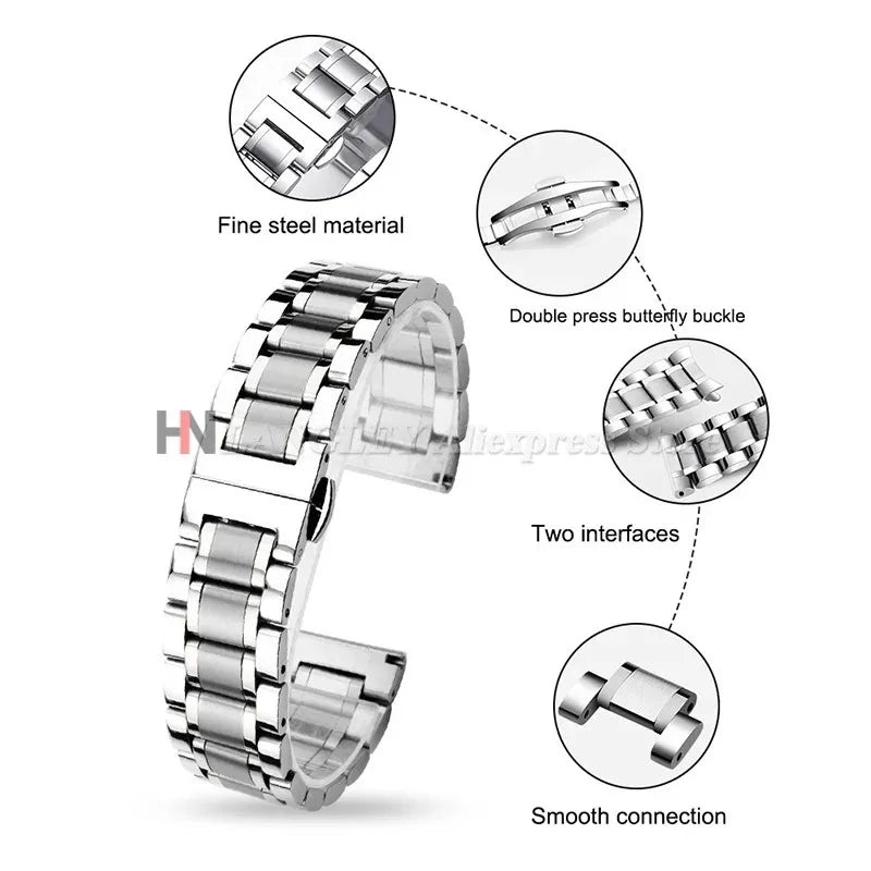 Curved End Solid Stainless Steel Watch Strap 12 14 16 18 20 21 22 24mm Metal Band Butterfly Buckle Universal Barcelet Watchbands
