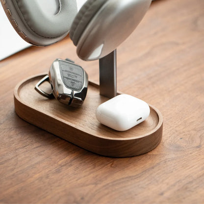 Wooden Base Aluminum Headphone Stand with Storage Tray, Desktop Headset Holder for Gaming Headphones, Desk Organizer Accessories