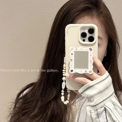 Vintage French Mirror Phone Case with Beaded Wrist Strap for iPhone 16 15 14 13 12 Pro Max Aesthetic Cream Shell Pearl Design