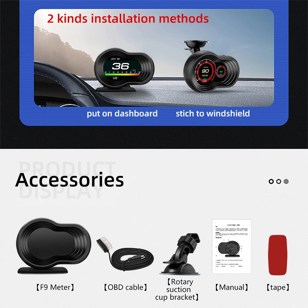 F9 OBD For HUD Smart Head Up Display Gauge Speedometer Tachometer Water Temp Voltage Alarm Turbo Oil Temp Air-fuel Ratio Gauge