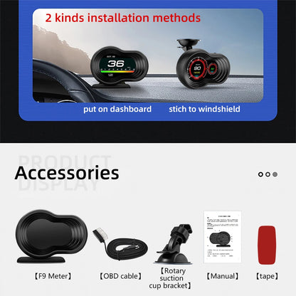 F9 OBD For HUD Smart Head Up Display Gauge Speedometer Tachometer Water Temp Voltage Alarm Turbo Oil Temp Air-fuel Ratio Gauge