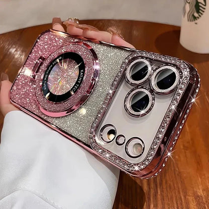 Transparent Diamond Glitter Magnetic Phone Case with Coating，Applicable iPhone 17 16 13 14 15 Pro Max Lens protection bracket ba