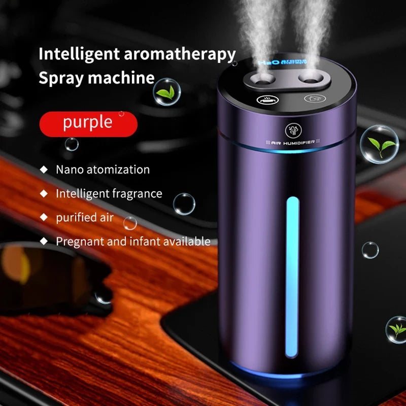 380ML Double Spray Vehicle Air Humidifier USB Charging Mini Essential Oil Diffuser with Mood Light Wireless Car Aroma Humidifier