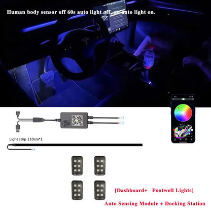For Tesla Model 3/Y 2 IN 1 Dynamic Neon RGB Car LED Ambient Lighting 60s Automatic OFF Module Dashboard Lighting Decorative Lamp