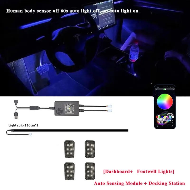 For Tesla Model 3/Y 2 IN 1 Dynamic Neon RGB Car LED Ambient Lighting 60s Automatic OFF Module Dashboard Lighting Decorative Lamp