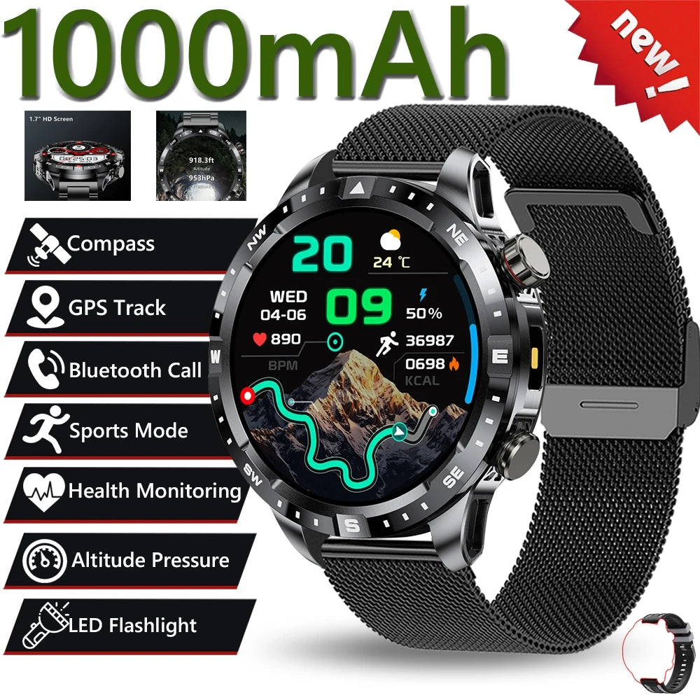 2026 New Military 1000mAh Battery Smart Watch 1.7-inch HD Large Screen LED Flashlight Sport Mode Bluetooth Call Smartwatch Men