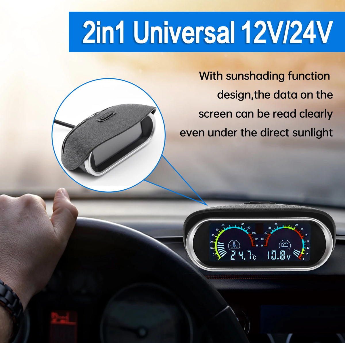 12V/24V 2 IN 1 Car Truck LCD Gauge Water Temperature Gauges +Voltmeter With 1/8 NPT Temp Sensor Water Temp Meter for Auto Cars