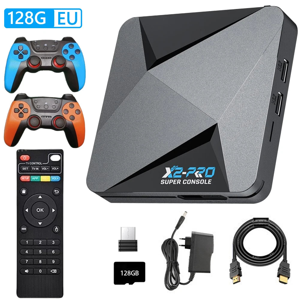 （EU）New X2 PRO Retro Game Console 64/128/256GB 4K TV Box Built-in 65000+ Games with 2 Gamepads Wireless Controllers Arcade