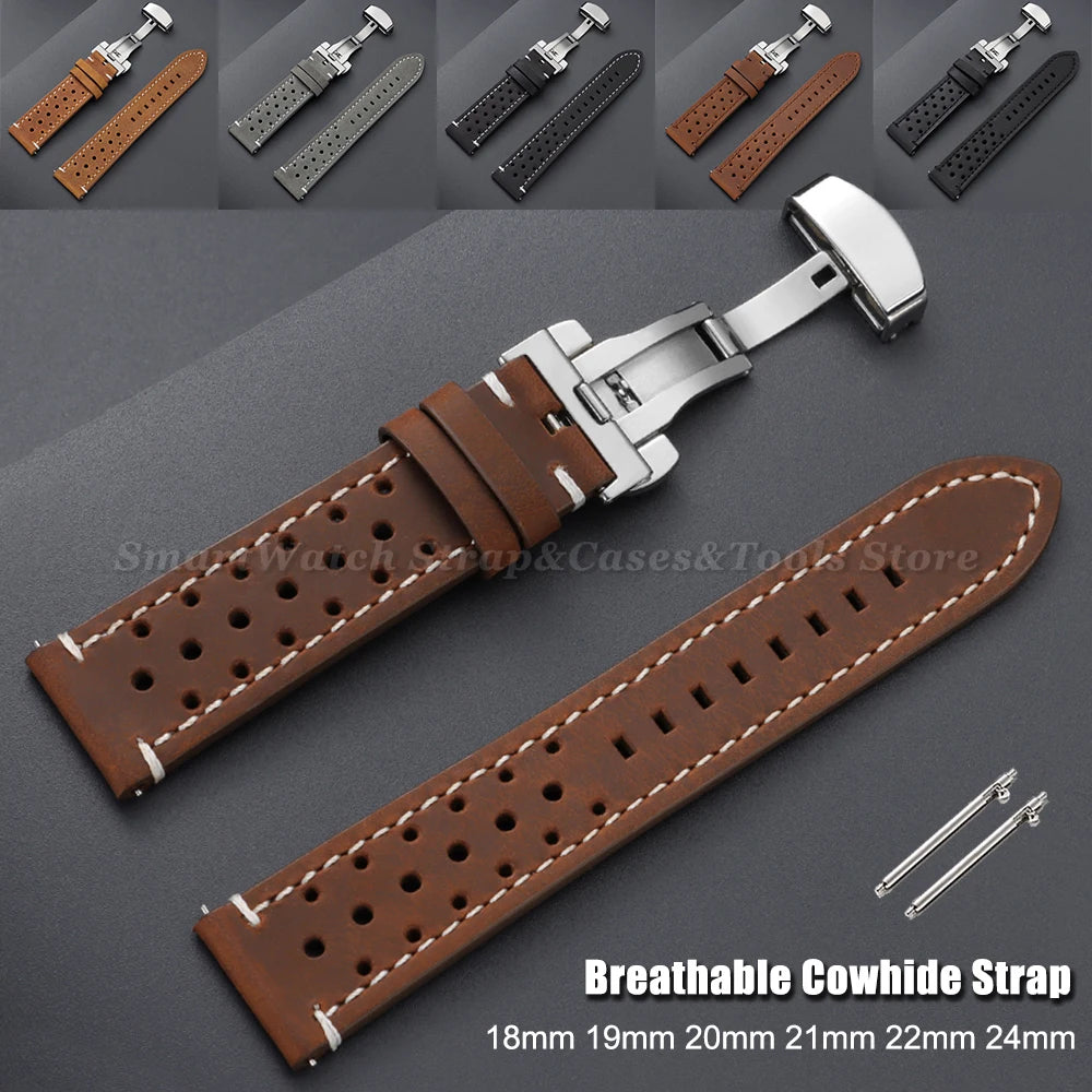18/19/20/21/22/24mm Vintage Cowhide Watch Strap Brown Black Top-Grain Leather Watch Band Quick Relase Butterfly Buckle Bracelet