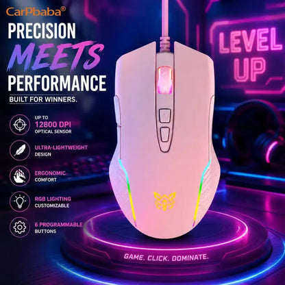RGB Gaming Mouse Pink Cute Mouse 6400 DPI Wired Optical Mouse with Cool Lighting Mice for Home Office Notebook PC