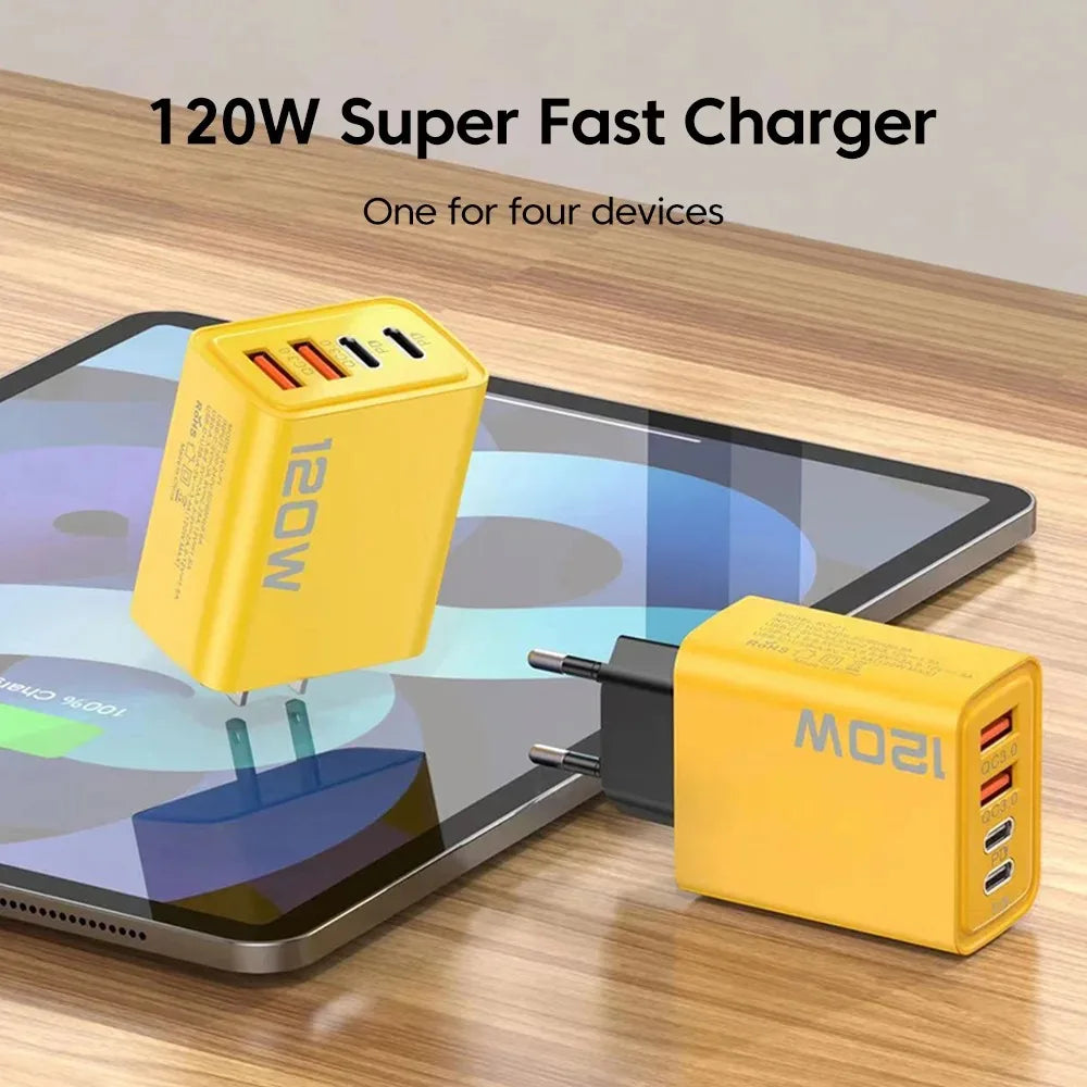 120W 4 Ports USB Charger Fast Charge Phone Charger Adapter Type C Cable For iPhone Samsung Xiaomi EU/US/UK Plug Wall Charger