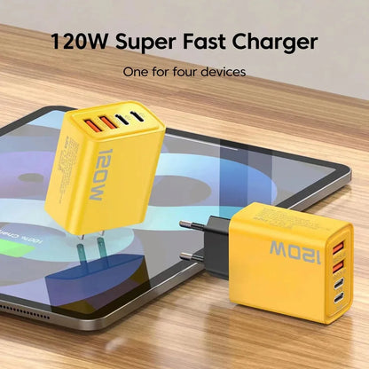 120W 4 Ports USB Charger Fast Charge Phone Charger Adapter Type C Cable For iPhone Samsung Xiaomi EU/US/UK Plug Wall Charger