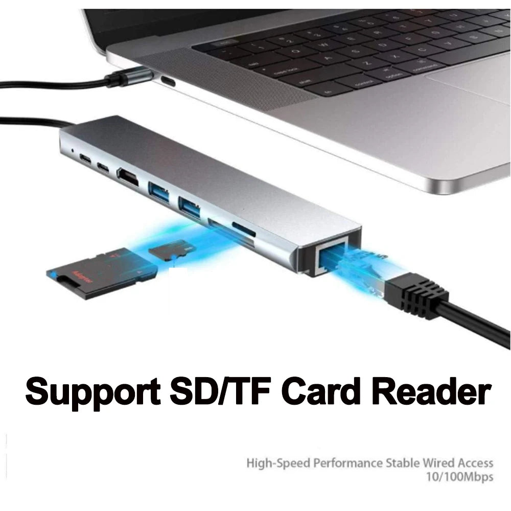 8 In 1 USB C Hub Type C 3.1 To 4K HD Adapter with RJ45 SD/TF Card Reader PD Fast Charge for MacBook Notebook Laptop Computer