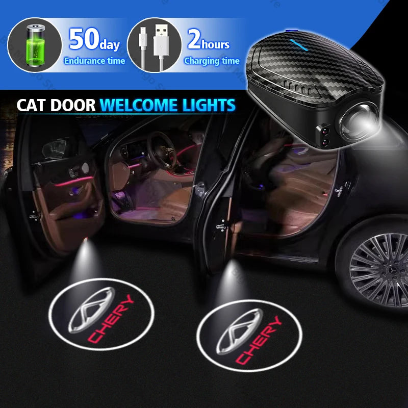 2pcs USB Rechargeable Car Door HD LED Lamps Projector Courtesy Welcome Lights For Chery Series Arrizo Tiggo 7 4 3 5 Pro 8 Plus