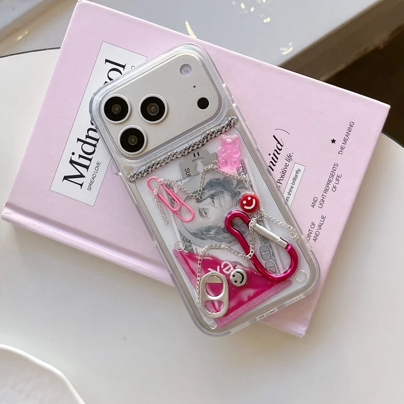 Creative 3D Chain Dollar Ring Hook Paper Clips Phone Case For iPhone 17 16 15 14 13 12 11 Pro Max Shockproof Cover Gifts