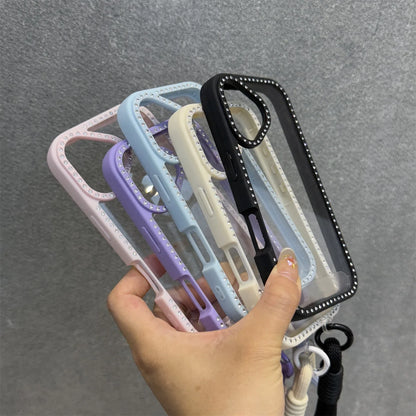 Shining Bling Diamond Transparent Phone Case For iPhone 17 16 15 14 13 12 11 Pro Max Plus 16e 17Air With Wristband Lanyard Cover