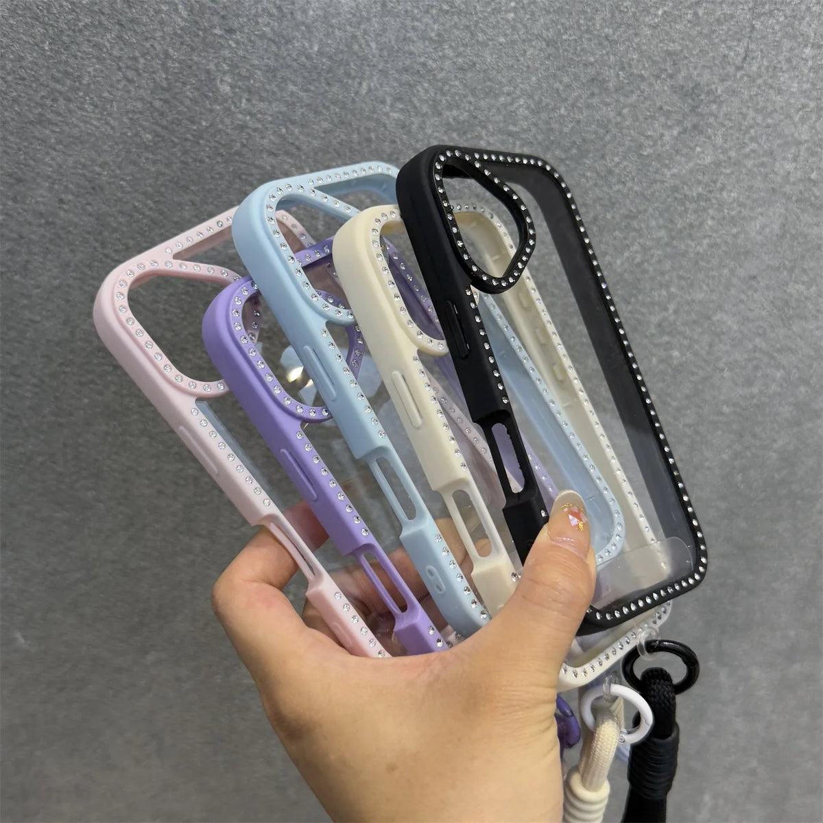 Shining Bling Diamond Transparent Phone Case For iPhone 17 16 15 14 13 12 11 Pro Max Plus 16e 17Air With Wristband Lanyard Cover