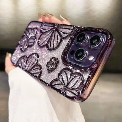 Glitter Plating Retro Leaking 3D Oil Painting Flower Anti-fall Phone Case for iPhone 11 12 13 14 15 16 17 Pro Max Back Cover