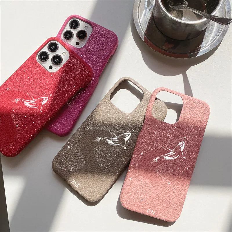 Personalised Letters Pebble Grain Leather Stars Whale Casesfor iphone 17 12 14 13 15 16 Pro Max 17 air 14Plus Luxury Hard Covers