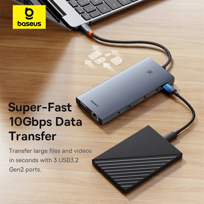 Baseus 13-in-1 USB C HUB to 2*HDMI 1*DP 4K@60Hz 1*VGA Quadruple Display USB 3.2 Adapter with RJ45 SD TF 3.5mm PD 100W Type C Hub
