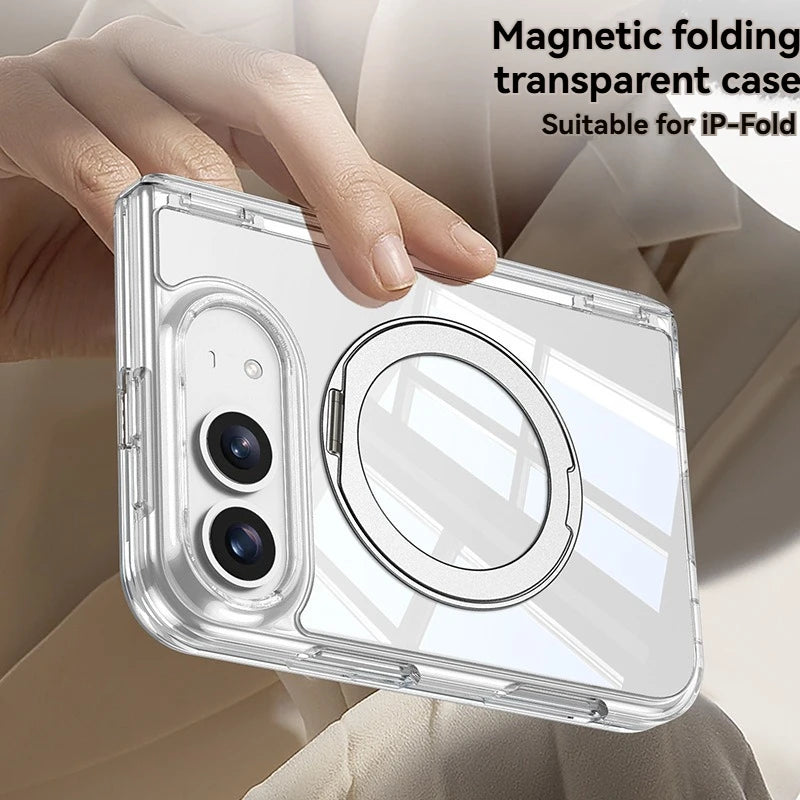 For iPhone Duo Fold Transparent Stand Phone Case with Magnetic Hinge Protection Compatible Film Integrated Design