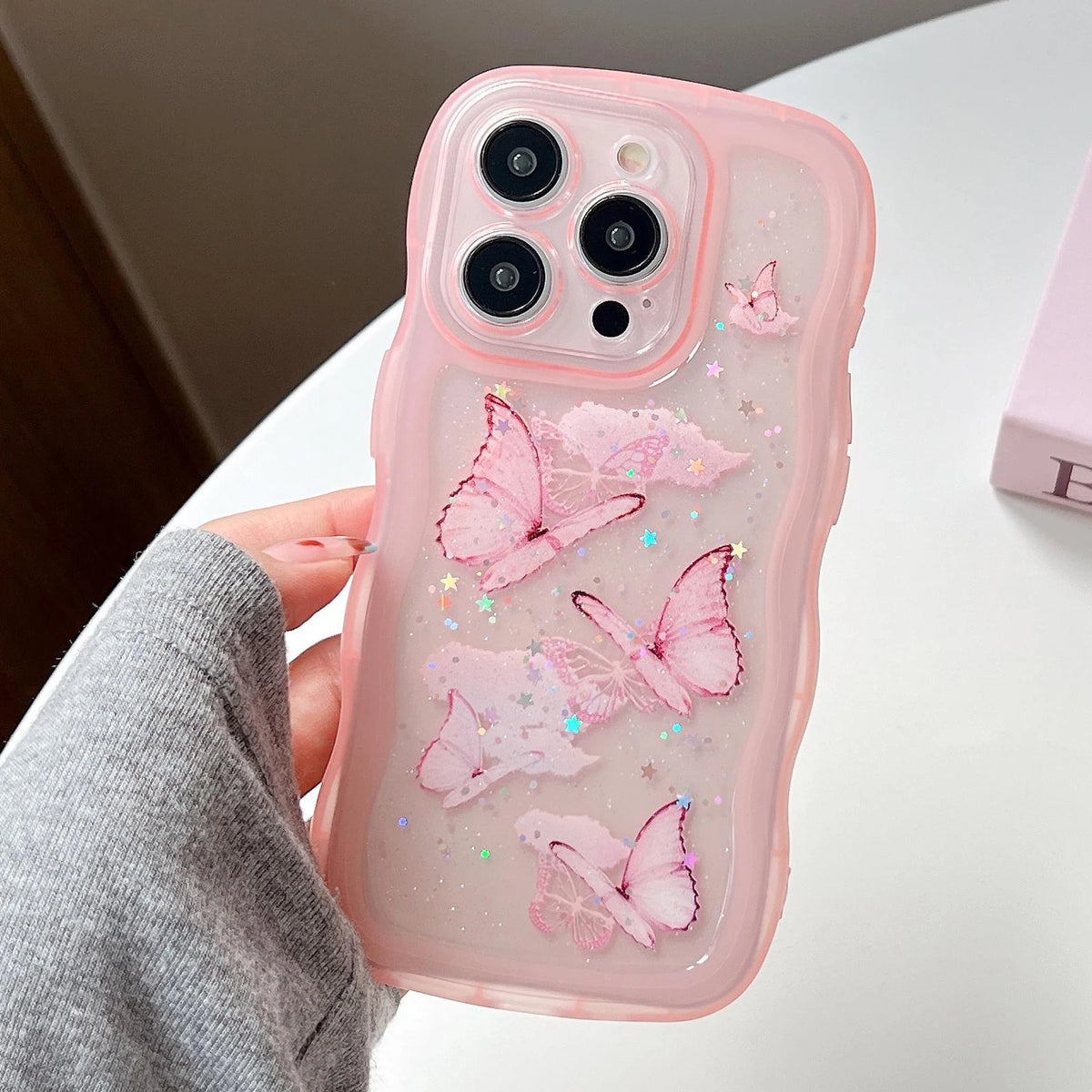Luxury Glitter Starry Sky Butterfly Resin Irregular Wavy Edge Phone Case for iPhone 11 12 13 14 15 16 17 Pro Max + Plus