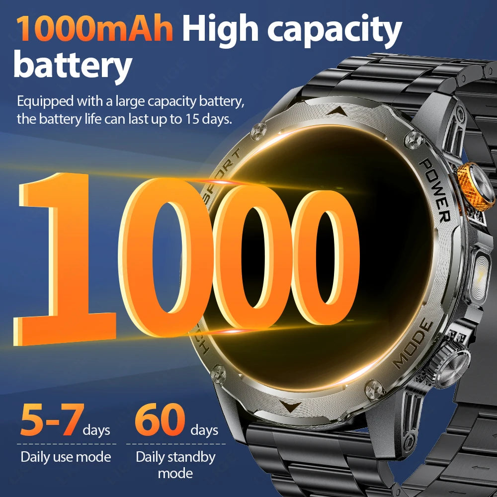 LIGE New Military Outdoor Sport Smart Watch Men Flashlight IP68 Waterproof 1.7" HD Wireless Call Smartwatch 1000mAh Big Battery