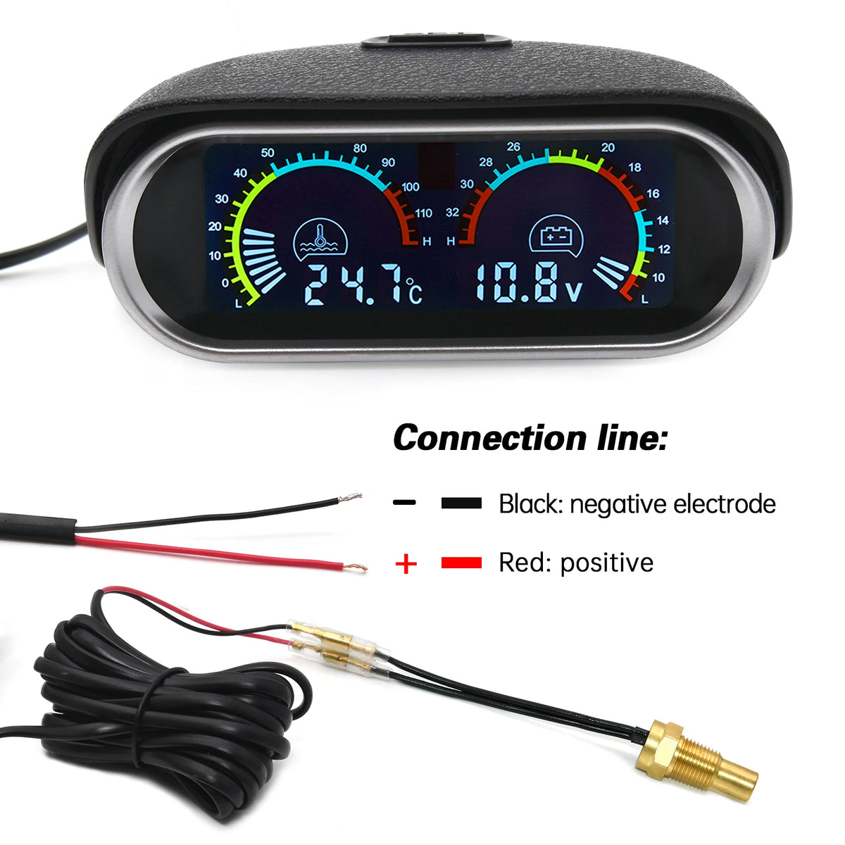 12V/24V 2 IN 1 Car Truck LCD Gauge Water Temperature Gauges +Voltmeter With 1/8 NPT Temp Sensor Water Temp Meter for Auto Cars