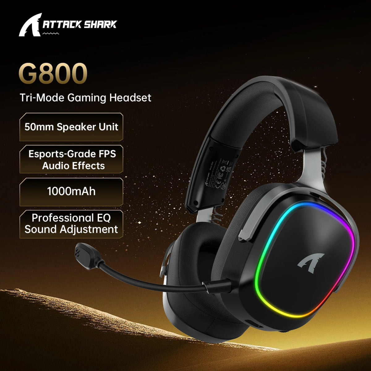 Attack Shark G800 2.4G Wireless Gaming Headset,Bluetooth 5.3,7.1 Surround Sound, Detachable Mic,1000mAh,RGB Headphones for PC/PS
