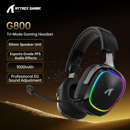 Attack Shark G800 2.4G Wireless Gaming Headset,Bluetooth 5.3,7.1 Surround Sound, Detachable Mic,1000mAh,RGB Headphones for PC/PS