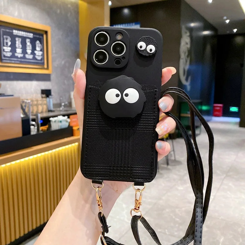 Funny 3D Crossbody Cover Black Coal Ball Card Bag Lanyard Phone Case  For iPhone 17 Pro max 16 15 14 Plus 13 12 11 Pro Max Xs XR